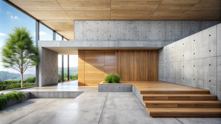 Modern interior with wooden and concrete walls, concrete floor and green trees. 3d renderingの素材