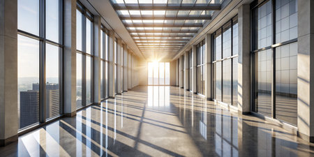 Modern office interior with large windows and city view. 3d renderingの素材