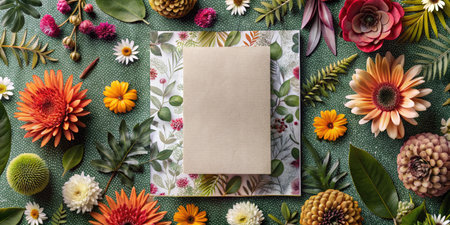Top view of blank paper sheet with flowers and leaves on green backgroundの素材