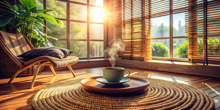Cup of coffee on rattan table in cozy living room with window viewの素材