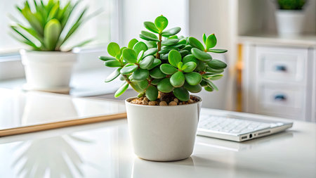 Succulent plant in a white pot on the table with a laptopの素材