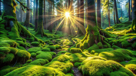 Beautiful green mossy forest in the rays of the rising sunの素材