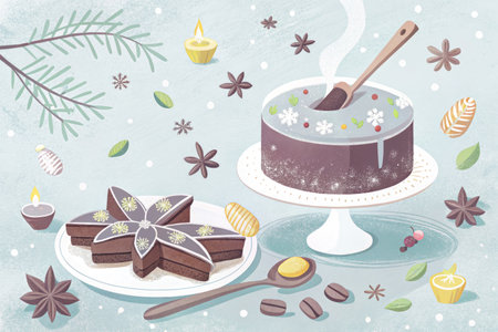 Hand drawn vector illustration of Christmas cake, candles, spices and cookiesの素材