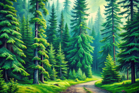 Foggy morning in the coniferous forest. Retro styleの素材