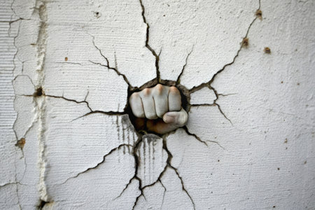A human hand breaking through the wall. The concept of stopping violence.の素材