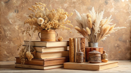 Composition with books and dried flowers on table against grunge backgroundの素材