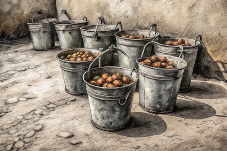 Hazelnuts in a bucket on the background of the old wallの素材