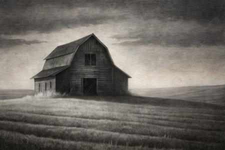 Digital painting of an old barn in a field in the countryside.の素材