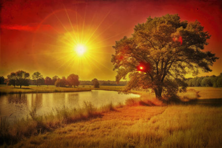 Autumn landscape with trees and lake at sunset, retro style.の素材