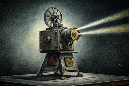Vintage movie projector on dark background. Photo in old image style.の素材