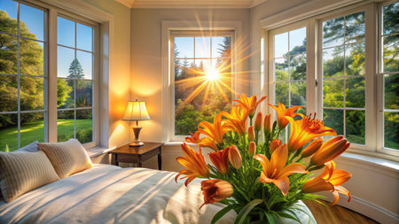 Bedroom with orange lily flowers in front of window with sun raysの素材