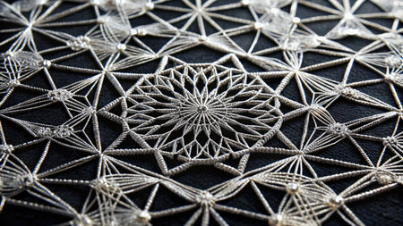 Macro shot of a lotus made of beads and thread.の素材