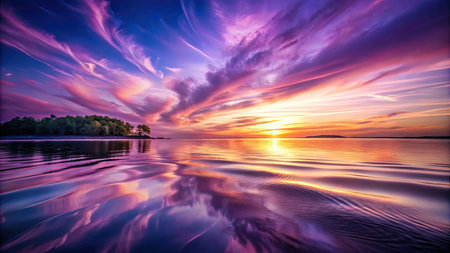 Beautiful sunset on the lake. Colorful sky and clouds.の素材