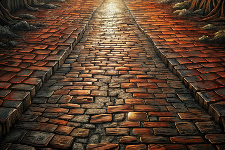 Old cobblestone road in the forest. 3d render.の素材