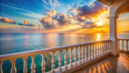 White balustrade on the terrace overlooking the sea at sunsetの素材