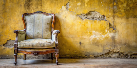 Old vintage armchair in front of yellow grunge wall background.の素材