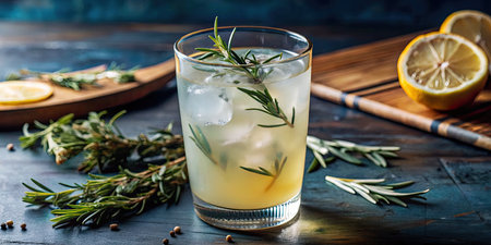Refreshing rosemary and lemon cocktail on a rustic table.の素材