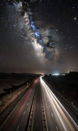 Night highway illuminated by car lights under a starry sky.の素材