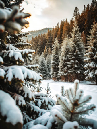 Snow-covered pine trees in a serene winter landscape.の素材