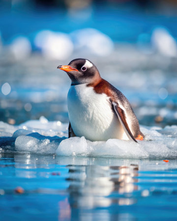 Curious penguin standing on ice surrounded by water.の素材