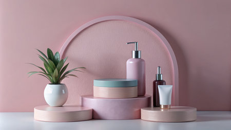 Minimalist vanity setup with pink and white decor.の素材