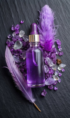 Purple perfume bottle with a feather and scattered crystals.の素材