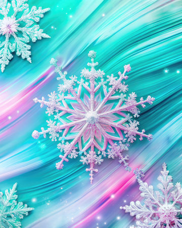 Vibrant abstract snowflake against a colorful gradient background.の素材