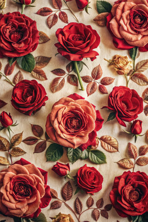 Vintage floral wallpaper adorned with red roses and green leaves.の素材