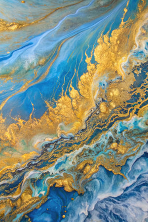 Fluid blue and gold marbled texture with organic swirls.の素材