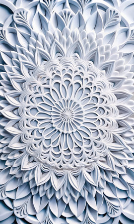 Intricate white paper art with layered floral patterns.の素材