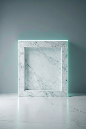 Square marble block with glowing edges in a minimalist setting.の素材