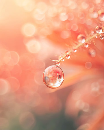 Delicate droplet clings to a shimmering twig.の素材