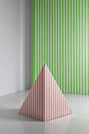 Contemporary art installation with striped pyramid and green backgroundの素材