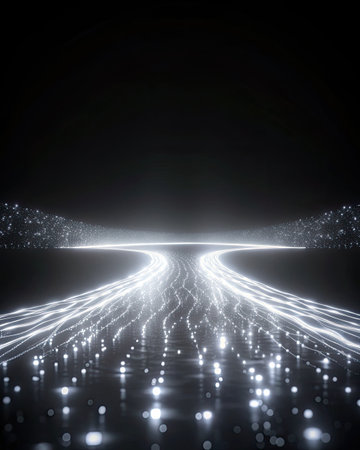 Glowing futuristic pathway with sparkling lights in a dark spaceの素材