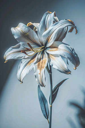 Artistic close-up of a single white lily flower with subtle shadingの素材