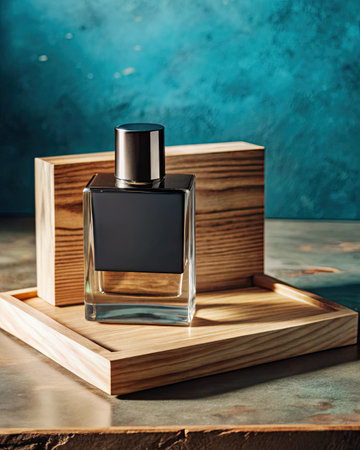 Elegant fragrance bottle on wooden blocks with a teal backgroundの素材
