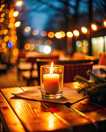 Cozy outdoor setting with a lit candle on a table in warm evening lightの素材