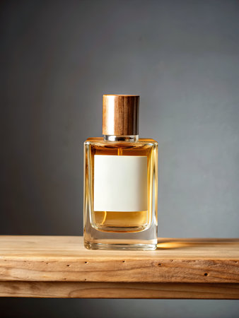Luxurious perfume bottle on a wooden surface with a dark backgroundの素材