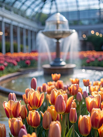 Blooming tulips in a garden with a decorative water fountainの素材