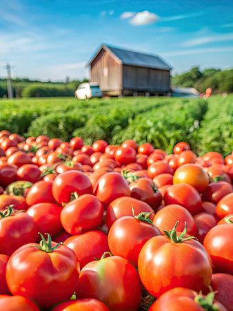 Fresh ripe tomatoes in a field under a sunny blue skyの素材