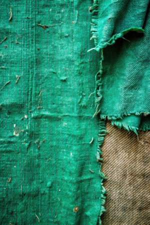 Worn green textured fabric with frayed edges for grunge effectの素材