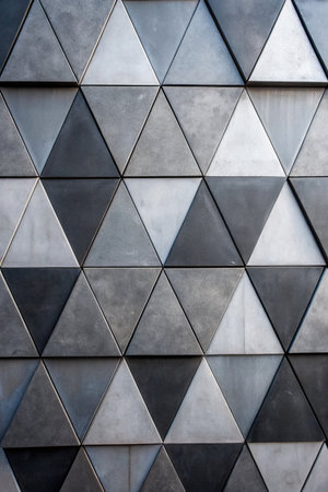 Modern gray and black triangular tile pattern on a building facadeの素材