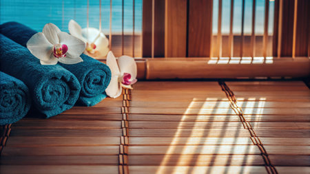Spa Scene with Orchid Flowers, Rolled Towels, and Sunlight Through Blindsの素材