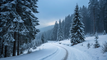 Snowy Forest Road with Tall Trees in Serene Winter Landscapeの素材