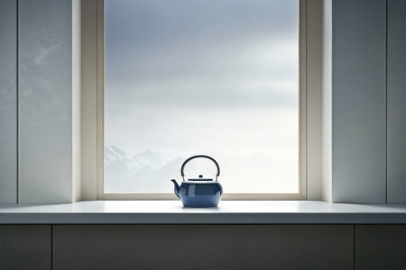Minimalist Teapot by Window with Mountain View in Soft Natural Lightの素材