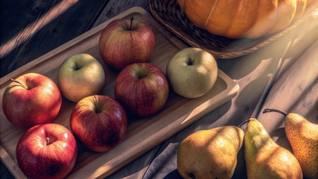 Rustic Wooden Crate with Apples, Pears, and Pumpkins Arrangementの素材