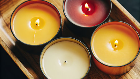 Assorted Scented Candles in Colorful Tins on Wooden Surfaceの素材
