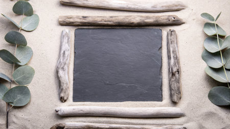 Rustic Chalkboard with Driftwood Frame and Eucalyptus Leavesの素材