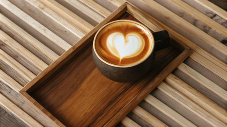 Artistic Cappuccino with Heart Latte Art on Wooden Trayの素材