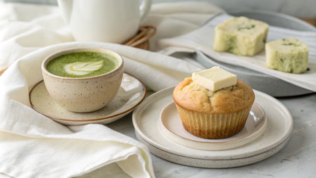Breakfast with Matcha Latte, Muffin, and Butter on Ceramic Plateの素材